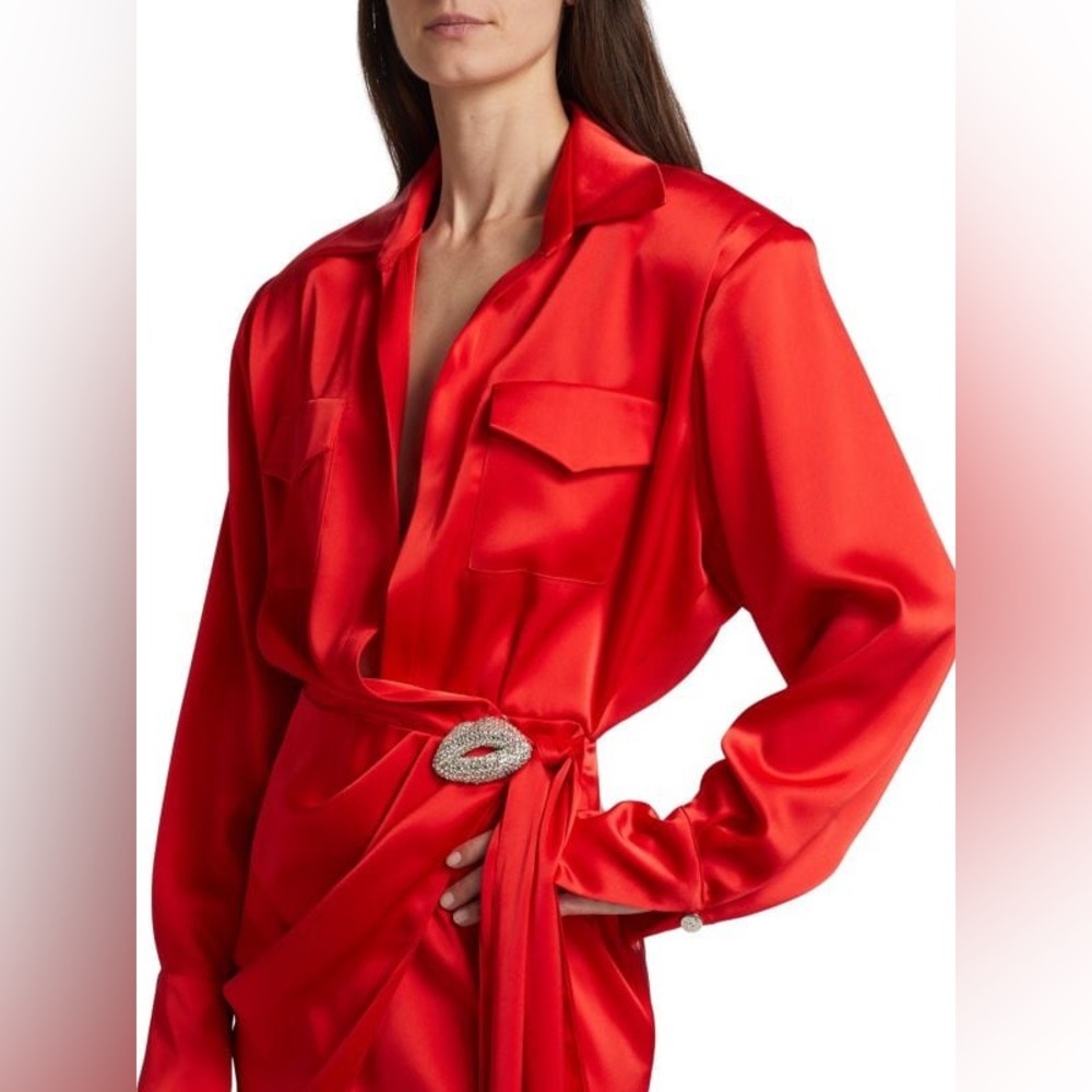 David Koma Crystal-Lip Satin Wrap Midi Dress | Red | NWT | UK 12